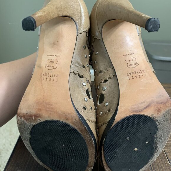 Stuart Weitzman Dove Leather Silver Studded Lace Up Open Toe Booties 7.5M - Picture 8 of 12